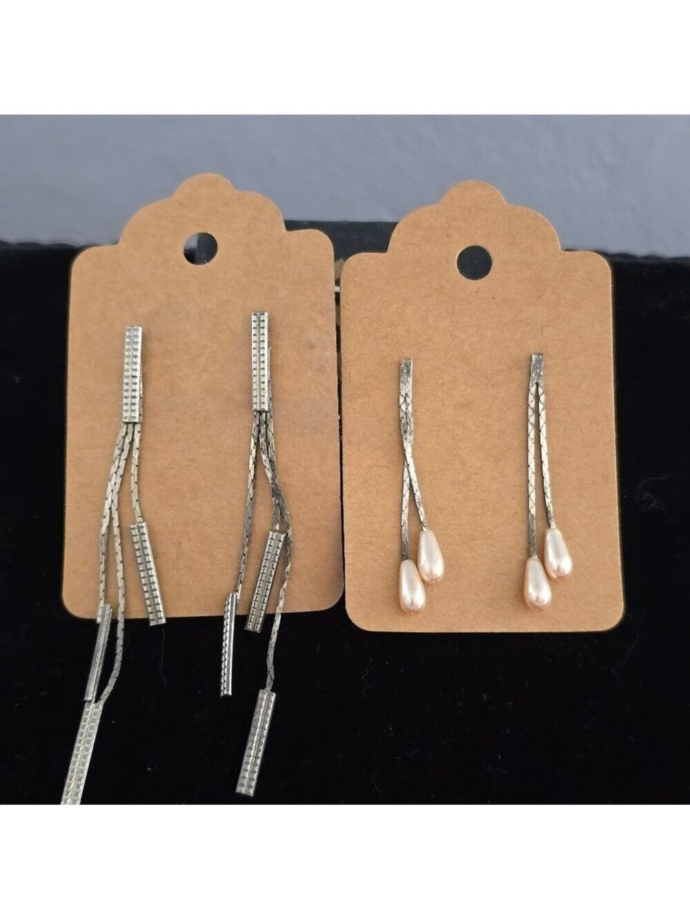 Two Pair Snake Chain Silver Dangle Drop Earrings With Pearls - Picture 2 of 14